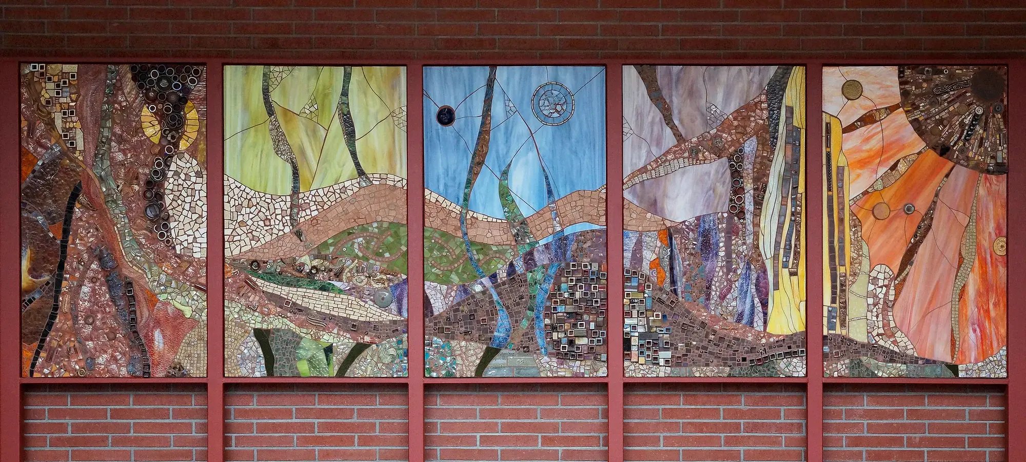 The completed 5 panels of the entangled bank mural.