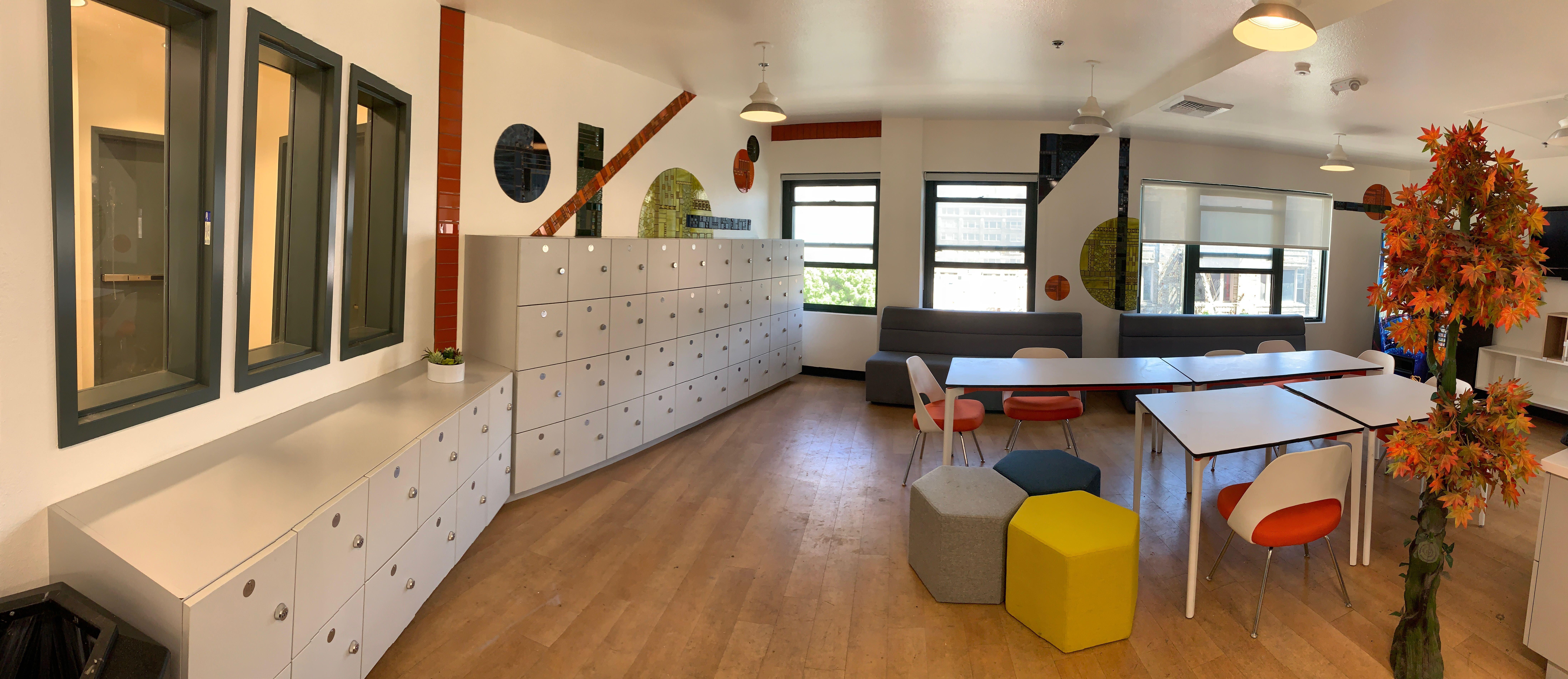 Wide view of the finished mural in the lobby area.